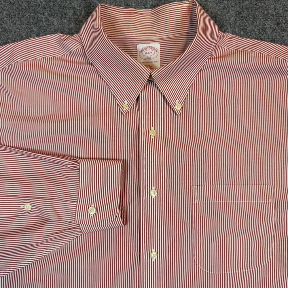Brooks Brothers 346 Mens 18 4/5 Red White Striped Non-Iron Button Down Shirt